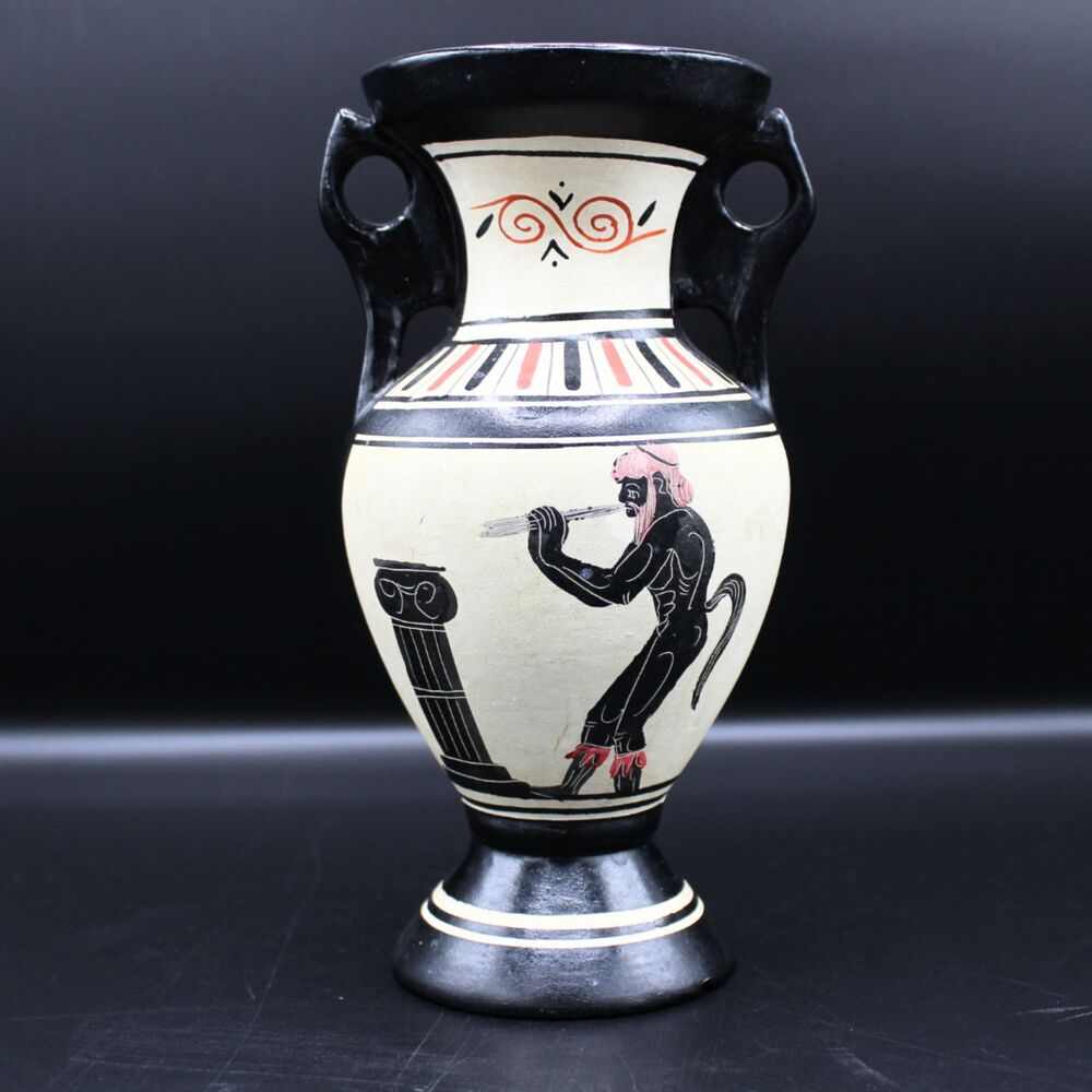 Vintage Greek Design Terra Cotta Pottery Vase Hand Painted Details Side Handles